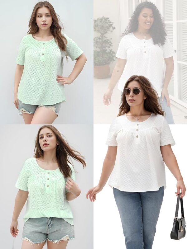 VISLILY Womens-Plus-Size-Summer-Tops Buttons Up Henley Shirts Flowy Pleated Tunics Trendy Eyelet Short Sleeve Blouses at Amazon Women’s Clothing store - Image 17